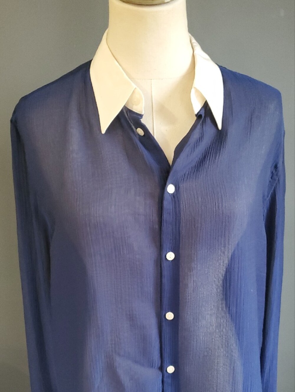 Thomas Pink Navy Sheer Dress Shirt with White Contrast Collar - Picture 3 of 17